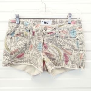 Paige Denim Feather Print Distressed Hem Shorts